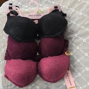 34C Juicy Couture Women's Lace Bra Set - Black, Burgundy, Pink